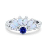 Two Piece Bridal Set Marquise Art Deco Wedding Engagement Ring Set Round Simulated Cubic Zirconia & Lab White Opal Band 925 Sterling Silver