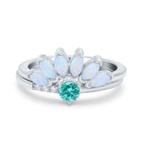 Two Piece Bridal Set Marquise Art Deco Wedding Engagement Ring Set Round Simulated Cubic Zirconia & Lab White Opal Band 925 Sterling Silver
