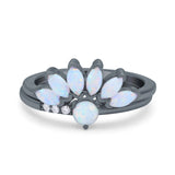 Two Piece Bridal Set Marquise Art Deco Wedding Engagement Ring Set Round Simulated Cubic Zirconia & Lab White Opal Band 925 Sterling Silver
