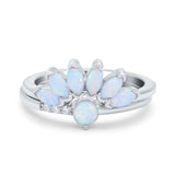 Two Piece Bridal Set Marquise Art Deco Wedding Engagement Ring Set Round Simulated Cubic Zirconia & Lab White Opal Band 925 Sterling Silver