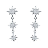 Triple Starburst Dangle Drop Earrings Cubic Zirconia 925 Sterling Silver