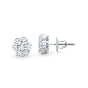 Cluster Earrings 7-Stone Round Cubic Zirconia 925 Sterling Silver Screwback Flower Stud Earring
