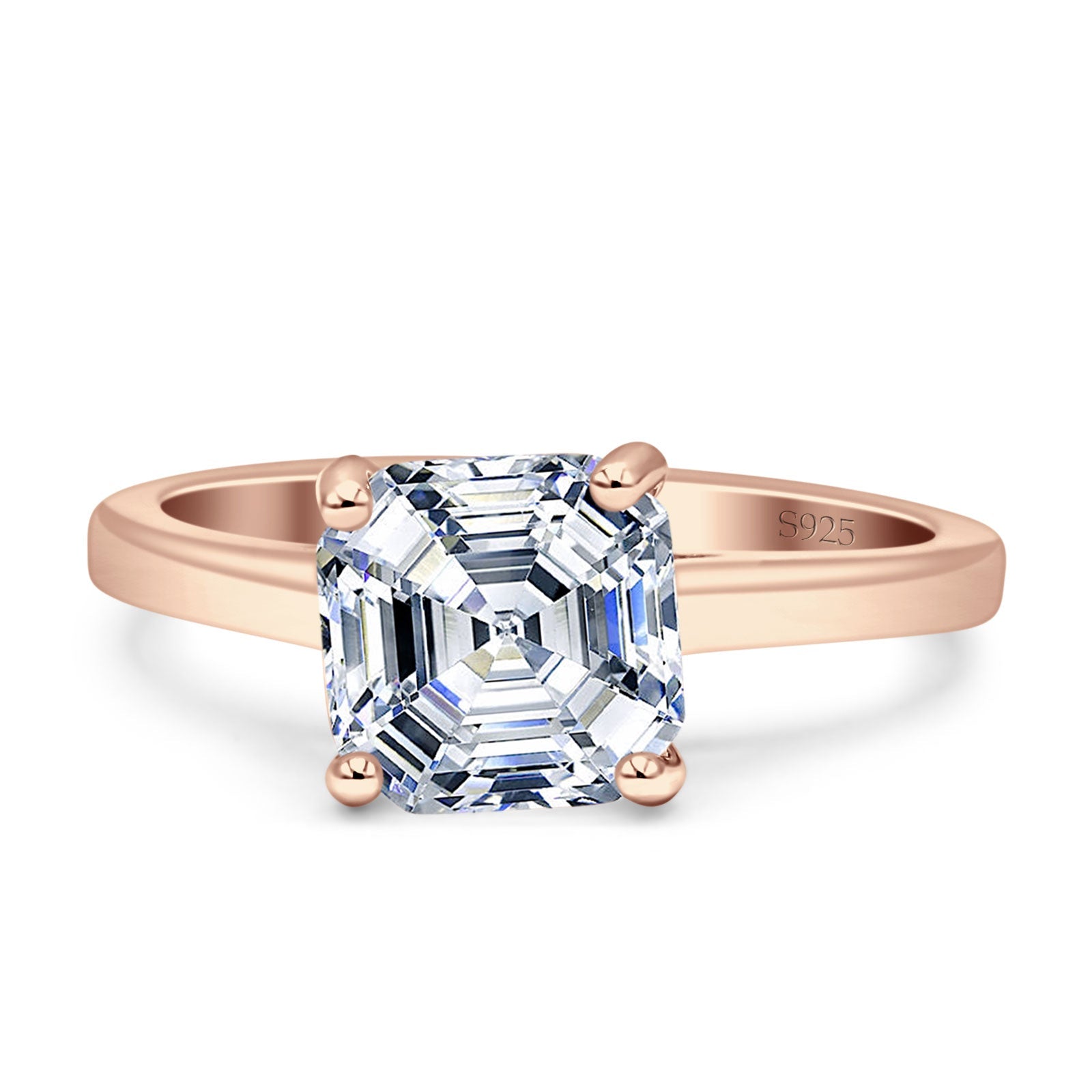 Asscher Cut Vintage Style Solitaire Ring 925 Sterling Silver Cubic Zirconia Rose Tone Silver