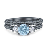 Three Stone Two Piece Bridal Round Beaded Natural Aquamarine Engagement Ring