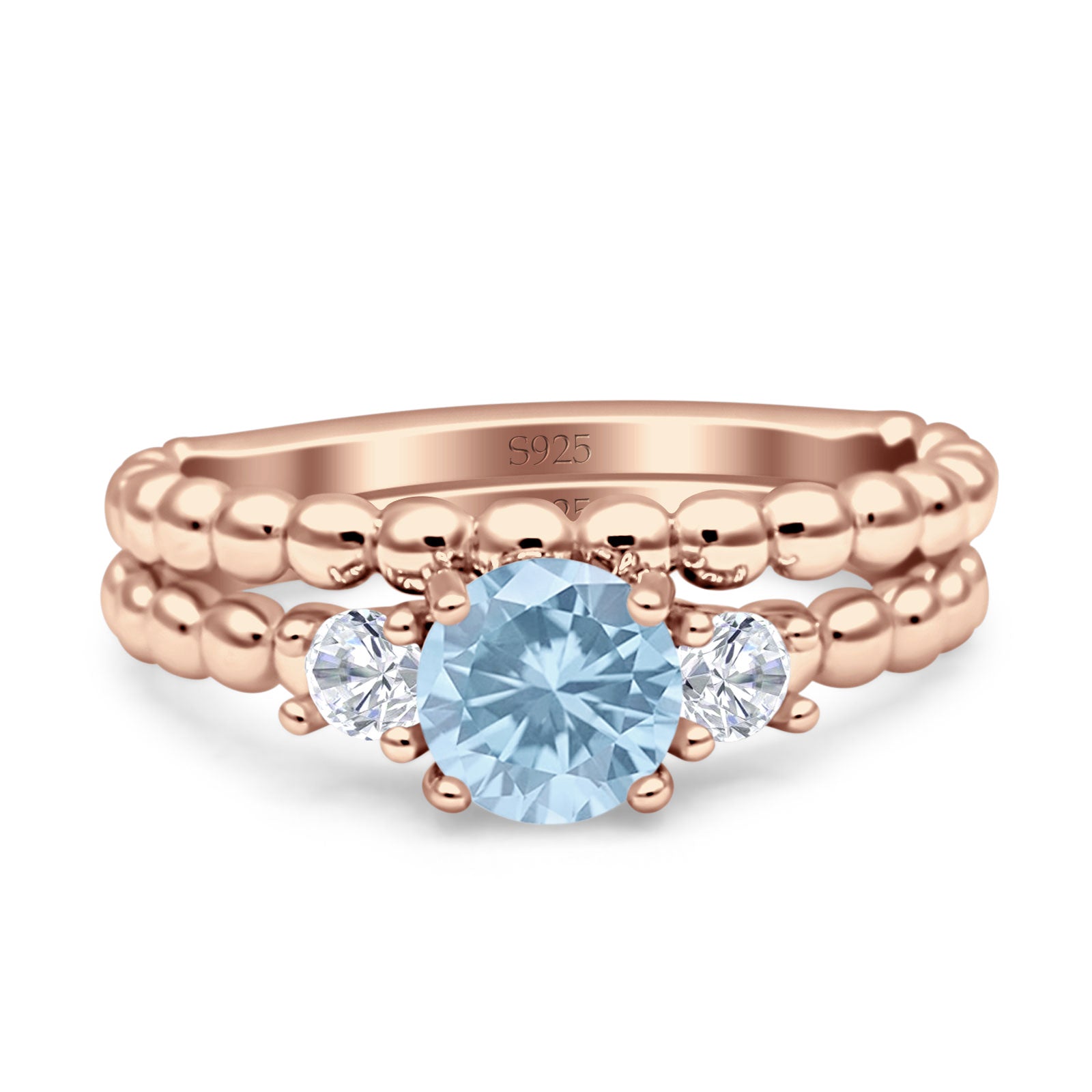 Three Stone Two Piece Bridal Round Beaded Natural Aquamarine Engagement Ring