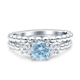 Three Stone Two Piece Bridal Round Beaded Natural Aquamarine Engagement Ring
