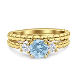 Three Stone Two Piece Bridal Round Beaded Natural Aquamarine Engagement Ring