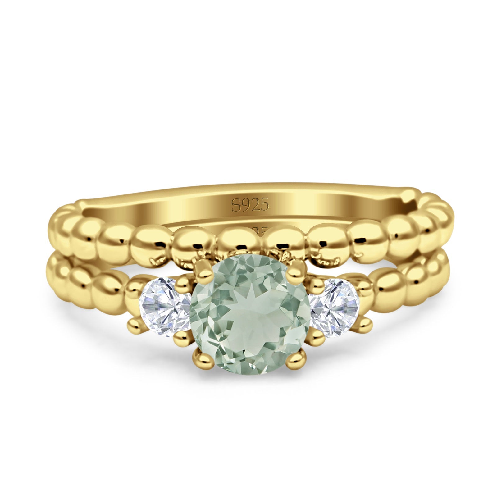 Three Stone Two Piece Bridal Round Beaded Natural Green Amethyst Prasiolite Engagement Ring