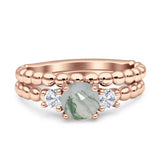 Three Stone Two Piece Bridal Round Beaded Natural Green Moss Agate Engagement Ring