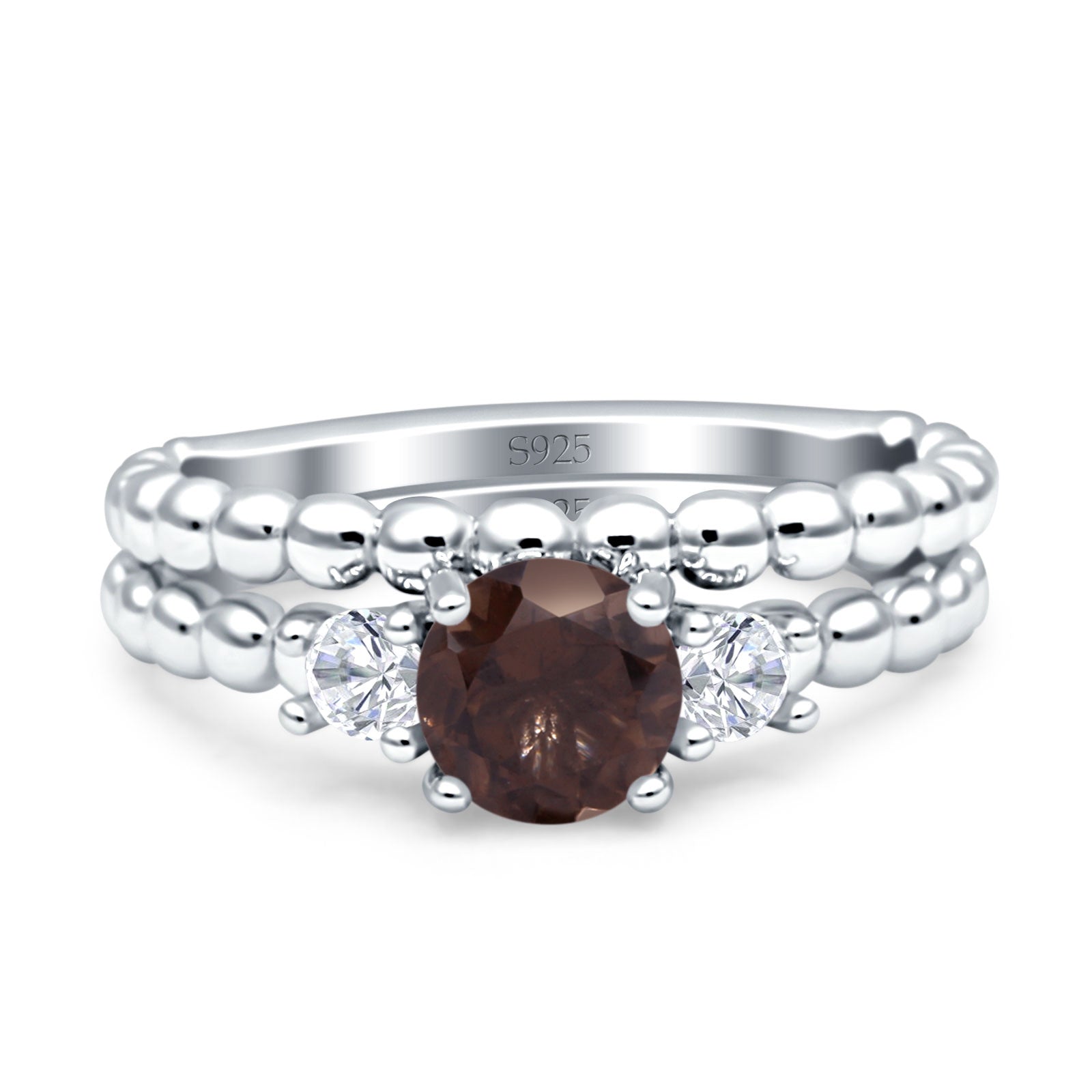 Three Stone Two Piece Bridal Round Beaded Natural Chocolate Brown Smoky Quartz Engagement Ring