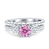 Three Stone Two Piece Bridal Wedding Beaded Ring Round Cubic Zirconia 925 Sterling Silver