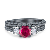 Three Stone Two Piece Bridal Wedding Beaded Ring Round Cubic Zirconia 925 Sterling Silver