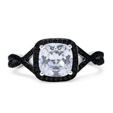 Halo Cushion Infinity Twist Side Stone Simulated Black CZ Engagement Ring Cubic Zirconia 925 Sterling Silver