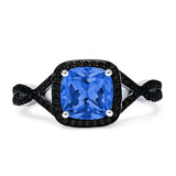 Halo Cushion Infinity Twist Side Stone Simulated Black CZ Engagement Ring Cubic Zirconia 925 Sterling Silver