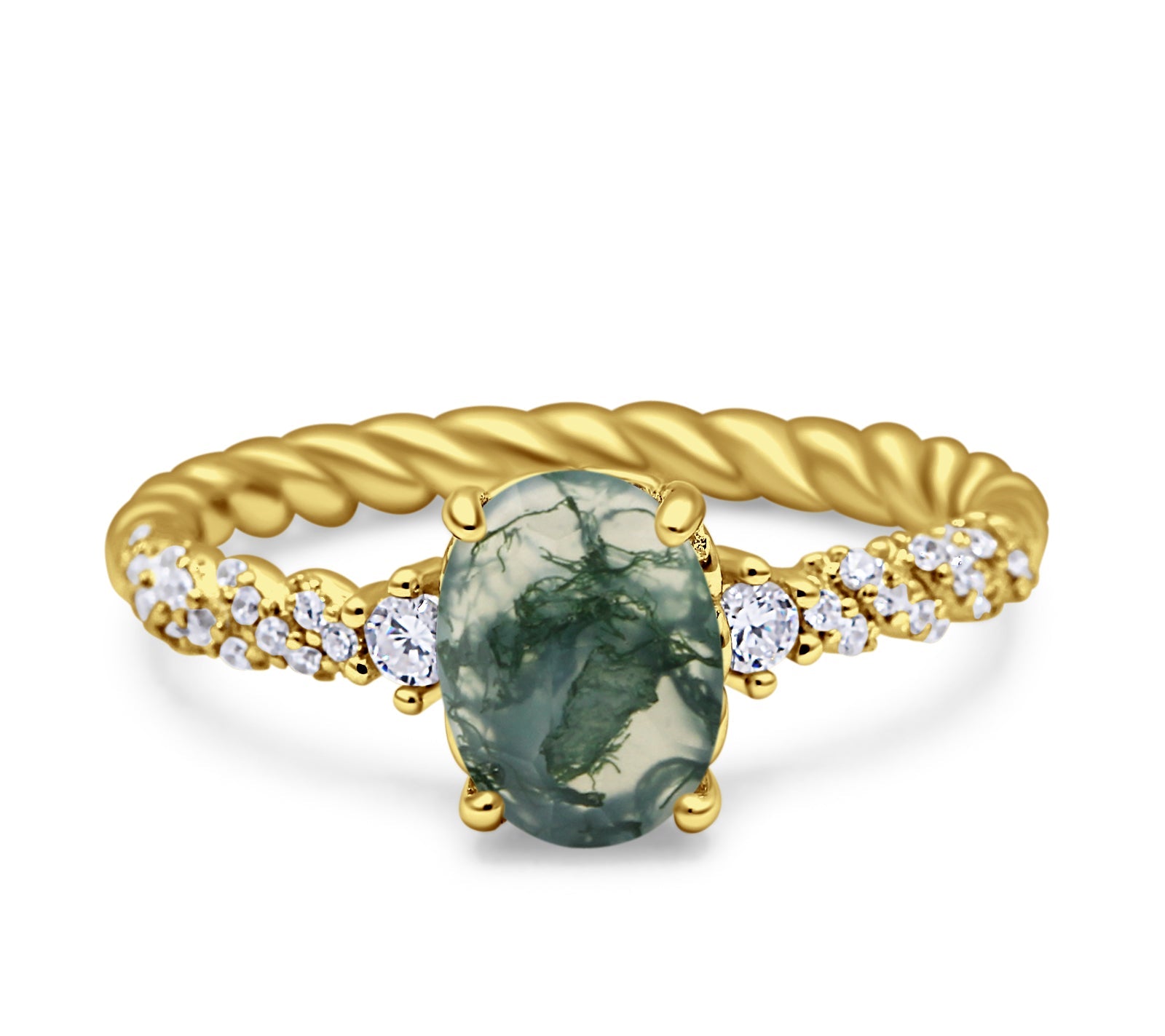 Hidden Halo Twisted Rope Oval Natural Green Moss Agate Engagement Ring