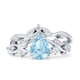 Two Piece Pear Teardrop Natural Aquamarine Bridal Ring 925 Sterling Silver