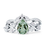 Two Piece Pear Teardrop Natural Green Amethyst Prasiolite Bridal Ring 925 Sterling Silver