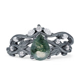 Two Piece Pear Teardrop Natural Green Moss Agate Bridal Ring 925 Sterling Silver