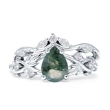 Two Piece Pear Teardrop Natural Green Moss Agate Bridal Ring 925 Sterling Silver