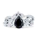 Two Piece Pear Teardrop Natural Black Onyx Bridal Ring 925 Sterling Silver