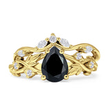 Two Piece Pear Teardrop Natural Black Onyx Bridal Ring 925 Sterling Silver