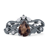 Two Piece Pear Teardrop Natural Chocolate Smoky Quartz Bridal Ring 925 Sterling Silver