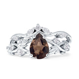 Two Piece Pear Teardrop Natural Chocolate Smoky Quartz Bridal Ring 925 Sterling Silver