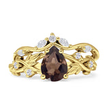 Two Piece Pear Teardrop Natural Chocolate Smoky Quartz Bridal Ring 925 Sterling Silver