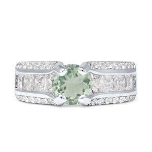 Round Engagement Ring Vintage Style Natural Green Amethyst Prasiolite 925 Sterling Silver