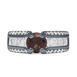 Round Engagement Ring Vintage Style Natural Chocolate Smoky Quartz 925 Sterling Silver