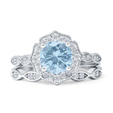 Two Piece Round Natural Aquamarine Halo Floral Ring 925 Sterling Silver