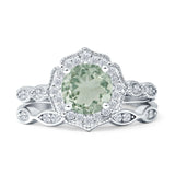 Two Piece Round Natural Green Amethyst Prasiolite Halo Floral Ring 925 Sterling Silver