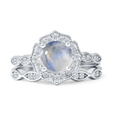 Two Piece Round Natural Moonstone Halo Floral Ring 925 Sterling Silver