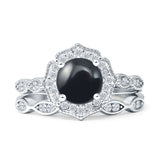 Two Piece Round Natural Black Onyx Halo Floral Ring 925 Sterling Silver