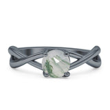 Solitaire Round Split Shank Ring Natural  Green Moss Agate 925 Sterling Silver