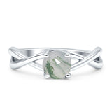 Solitaire Round Split Shank Ring Natural  Green Moss Agate 925 Sterling Silver