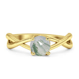 Solitaire Round Split Shank Ring Natural  Green Moss Agate 925 Sterling Silver