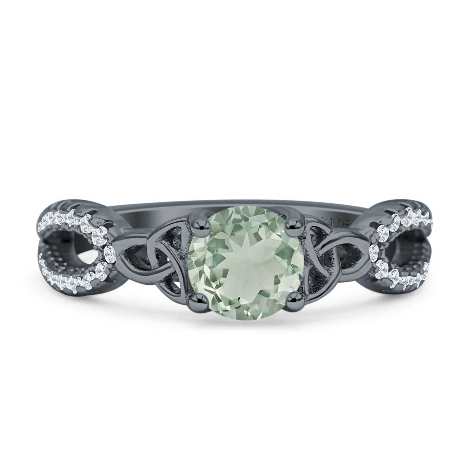 Round Cetlic Trinity Vintage Style Natural Green Amethyst Prasiolite Ring 925 Sterling Silver