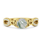 Round Cetlic Trinity Vintage Style Natural Green Moss Agate Ring 925 Sterling Silver