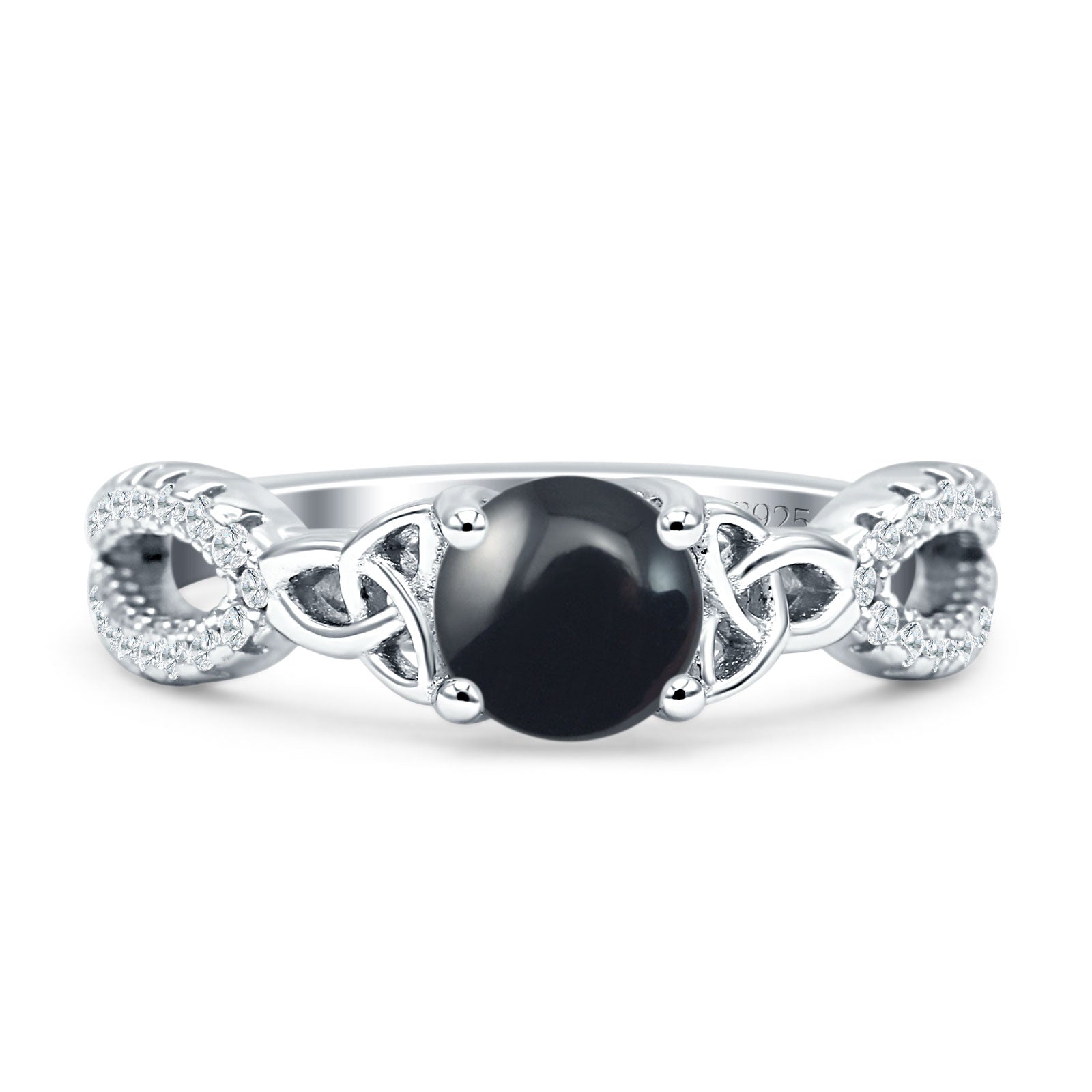 Round Cetlic Trinity Vintage Style Natural Black Onyx Ring 925 Sterling Silver
