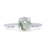Art Deco Round Natural Green Moss Agate Solitaire Engagement Ring 925 Sterling Silver