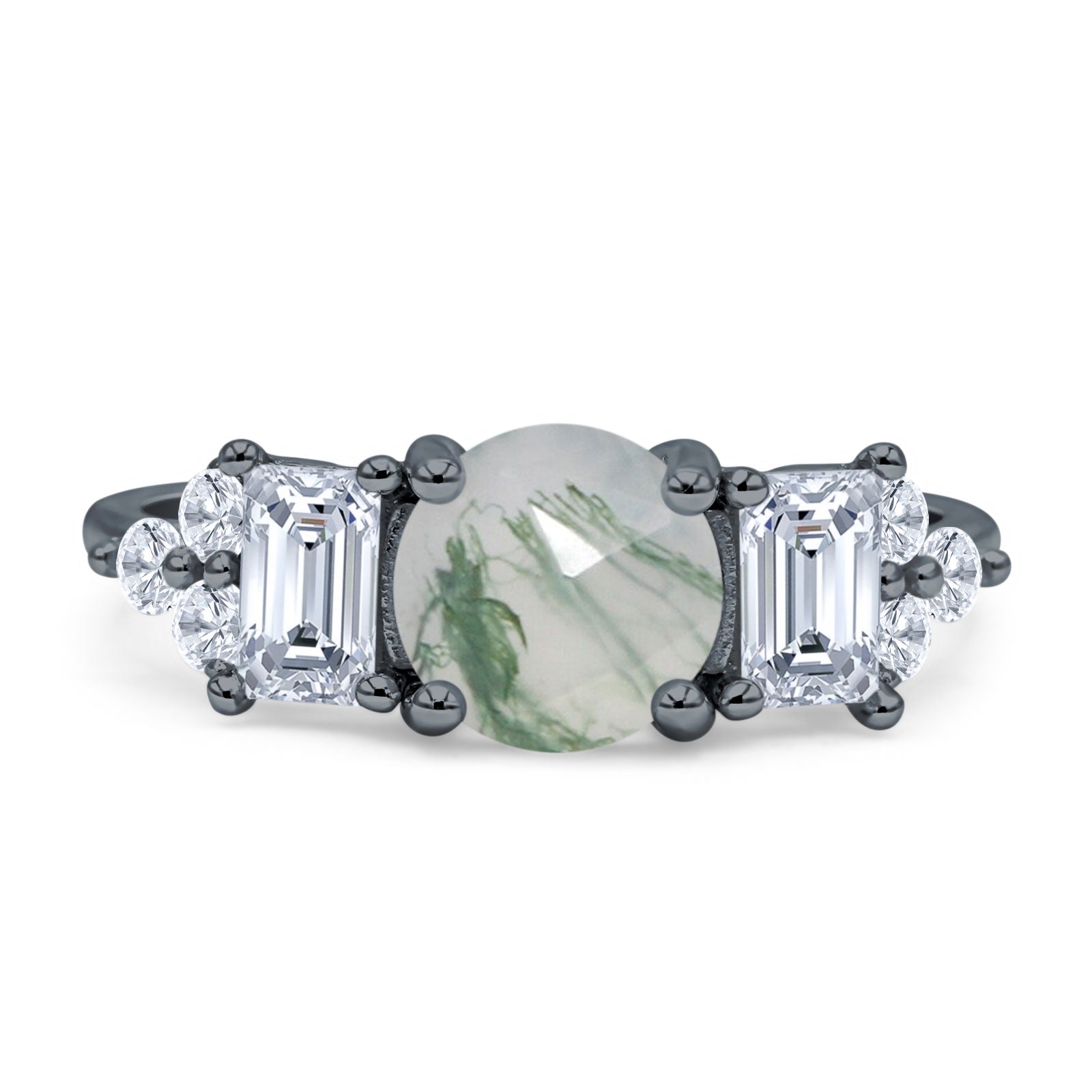 Three Stone Round Natural Green Moss Agate Vintage Style Ring 925 Sterling Silver