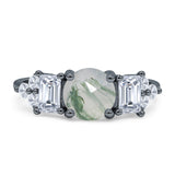 Three Stone Round Natural Green Moss Agate Vintage Style Ring 925 Sterling Silver