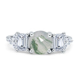 Three Stone Round Natural Green Moss Agate Vintage Style Ring 925 Sterling Silver