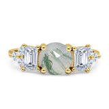 Three Stone Round Natural Green Moss Agate Vintage Style Ring 925 Sterling Silver