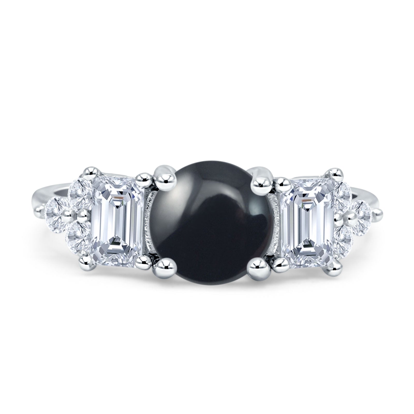 Three Stone Round Natural Black Onyx Vintage Style Ring 925 Sterling Silver
