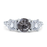 Three Stone Round Natural Rutilated Quartz Vintage Style Ring 925 Sterling Silver
