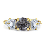 Three Stone Round Natural Rutilated Quartz Vintage Style Ring 925 Sterling Silver