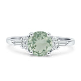 Round Natural Green Amethyst Prasiolite Vintage Style Ring Baguette 925 Sterling Silver