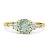 Round Natural Green Amethyst Prasiolite Vintage Style Ring Baguette 925 Sterling Silver